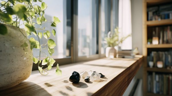 Cristales de Turmalina Negra y Shungita en un hogar moderno para protección energética