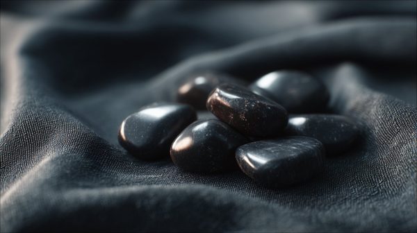 Varias piedras de ónix negro pulidas sobre un fondo oscuro.