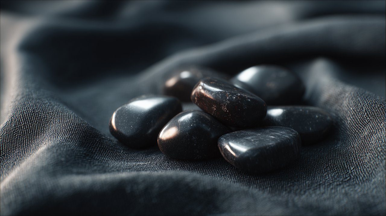 Several tumbled black onyx stones on a dark background.