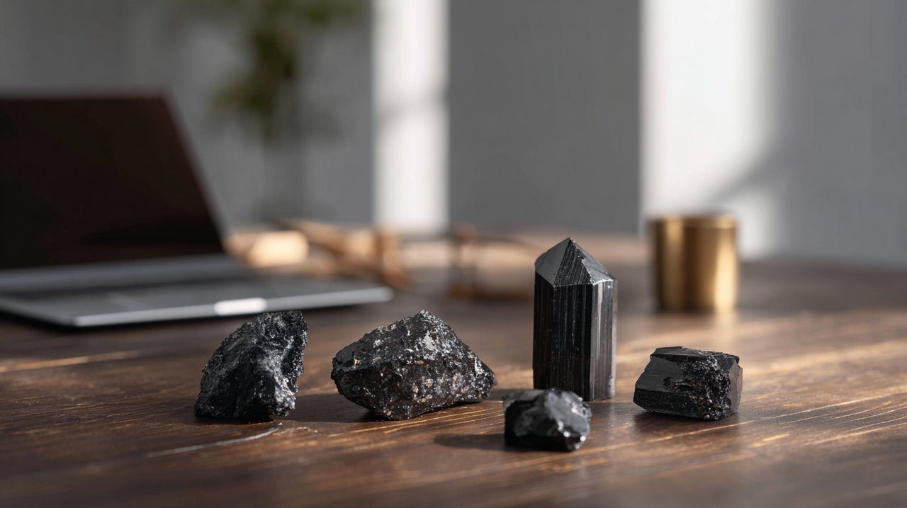 Collection of black protection crystals on a wooden desk.