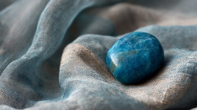 A small, polished blue apatite stone on a tranquil surface