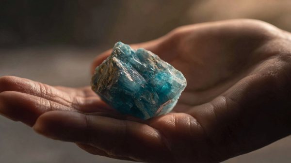 Mano sosteniendo suavemente un cristal de apatita azul en bruto