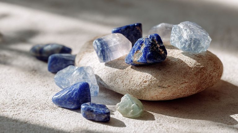 A serene collection of various blue healing crystals