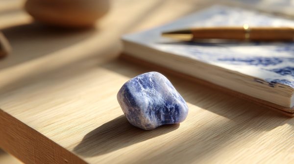 Cristal azul en un escritorio moderno