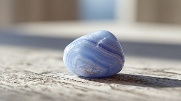 Una pequeña piedra de ágata encaje azul pulida y lisa.