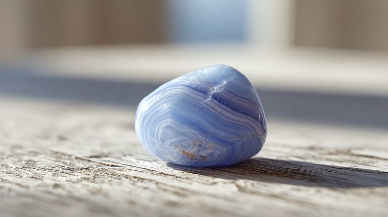A small, smooth blue lace agate tumbled stone.