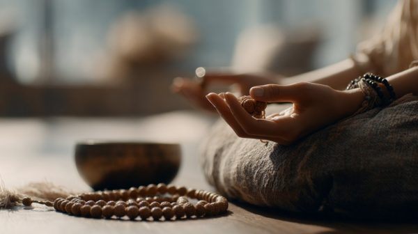 Person meditating with bodhi seed mala prayer beads