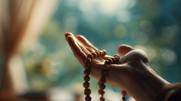 A hand holding bodhi beads