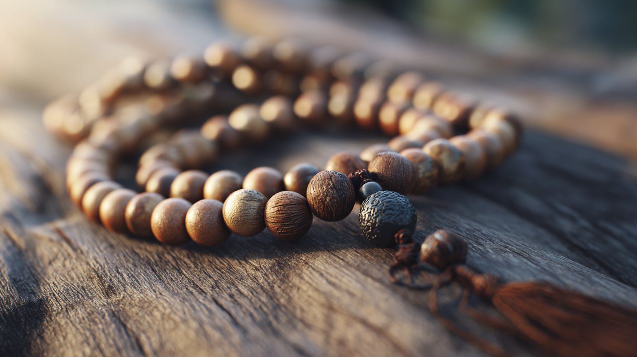 A traditional bodhi seed mala on a wooden surface.