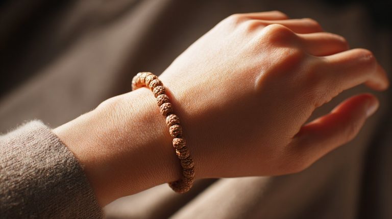 A person wearing a bodhi seed bracelet.