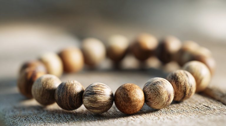 A close-up of a wooden bead bracelet on a natural surface.
