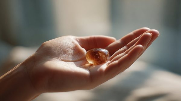Mano sosteniendo un pequeño cristal marrón