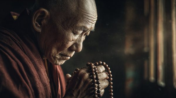 Elderly monk in Bhutan monastery holding a Buddha Chain