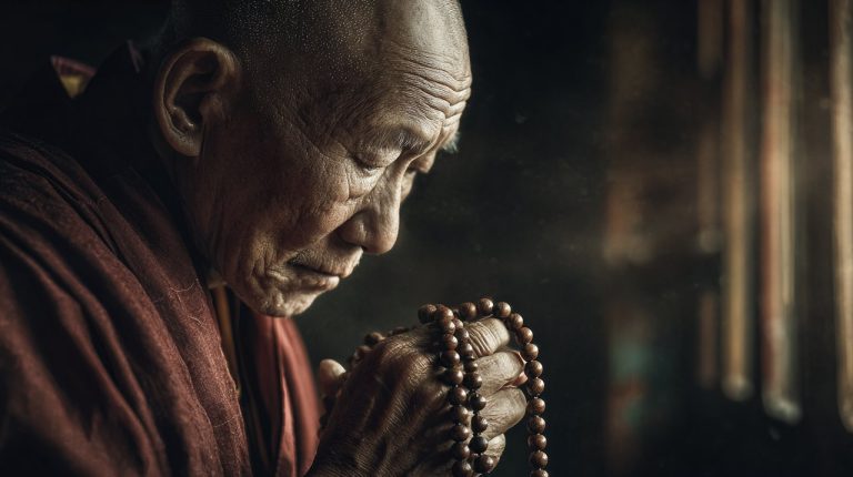 Elderly monk in Bhutan monastery holding a Buddha Chain
