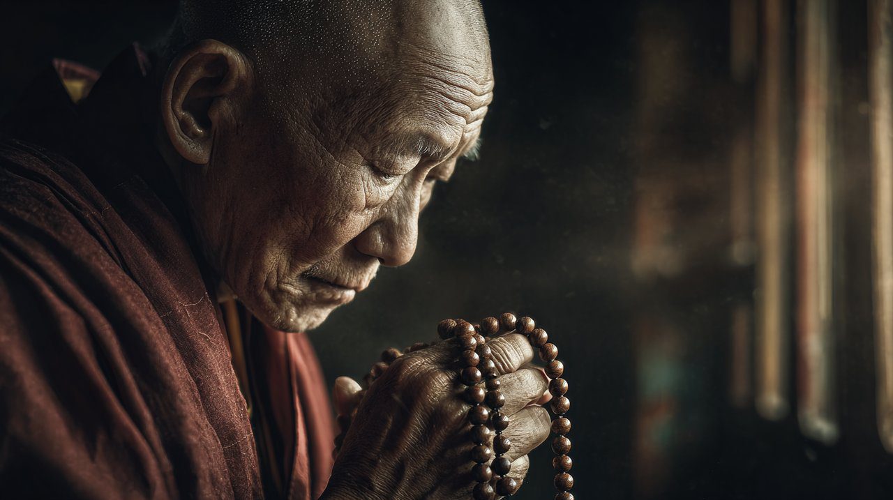 Elderly monk in Bhutan monastery holding a Buddha Chain