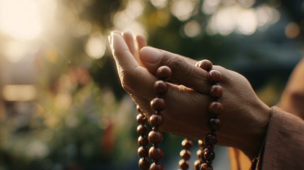 Person meditating with a Buddha Chain for inner peace