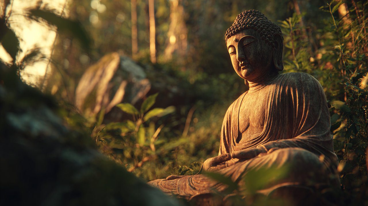 Uma figura serena semelhante a Siddhartha Gautama meditando numa floresta exuberante ao amanhecer.
