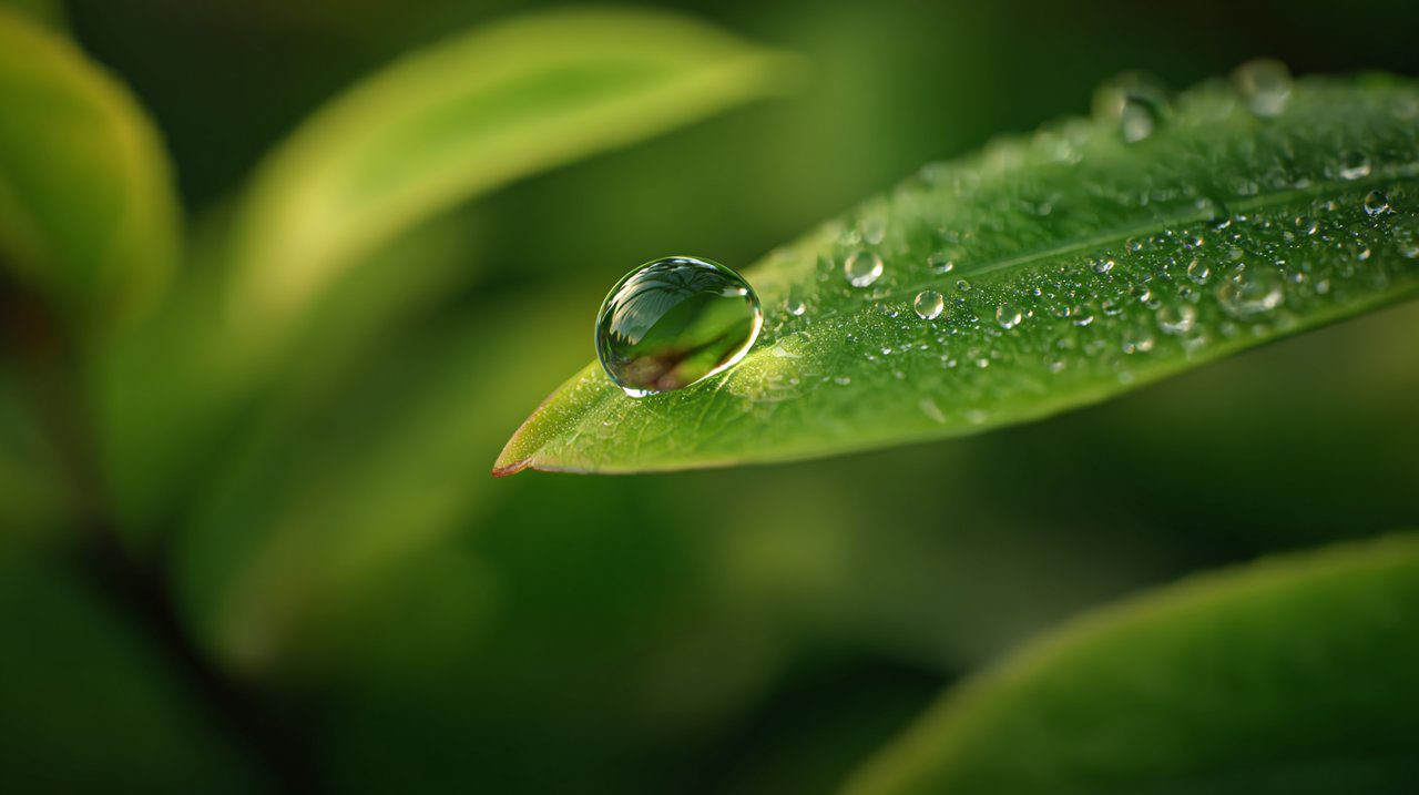 Um close-up de uma gota de orvalho numa folha verde refletindo o sol nascente.