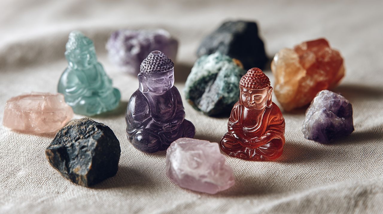 Figuras de Buda e contas de várias pedras preciosas.