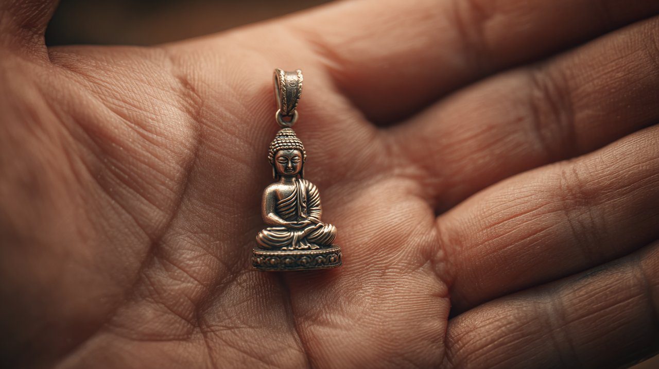 A hand gently holding a Buddha necklace.