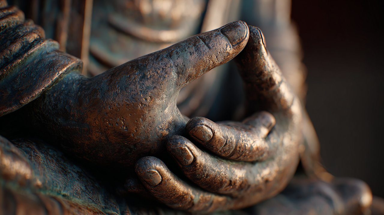 Close-up of Buddha hands forming a mudra.