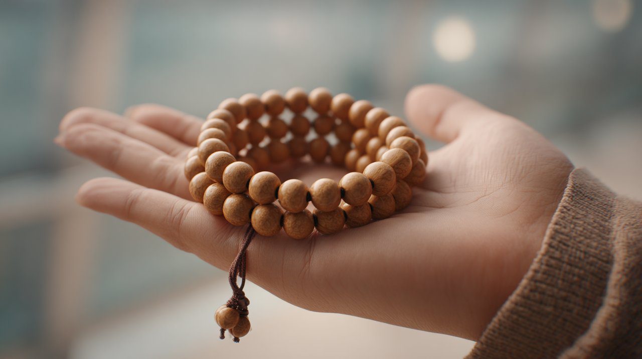 Tangan dengan lembut memegang gelang Buddha Power tradisional.