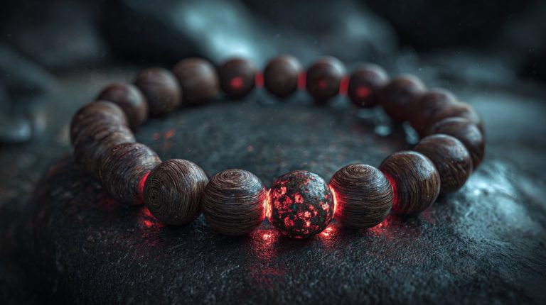 A Buddha power bracelet glowing with protective energy.