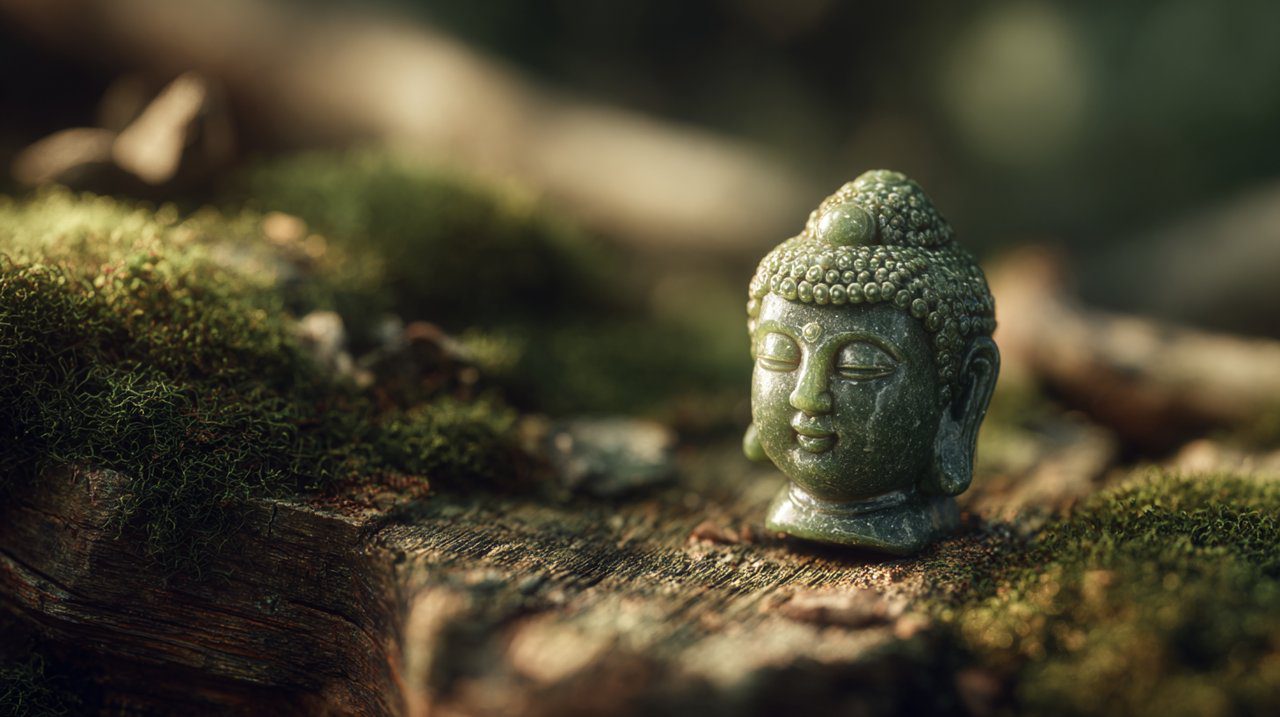 A small, smooth Buddha stone on a wooden surface