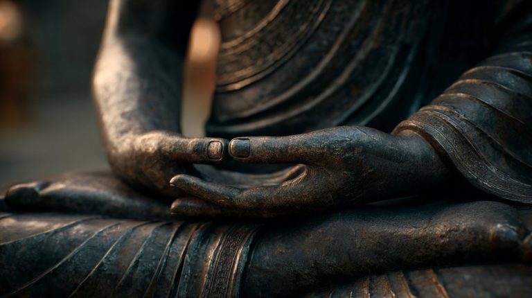 Close-up of a Buddha statue's hands in Dhyana Mudra