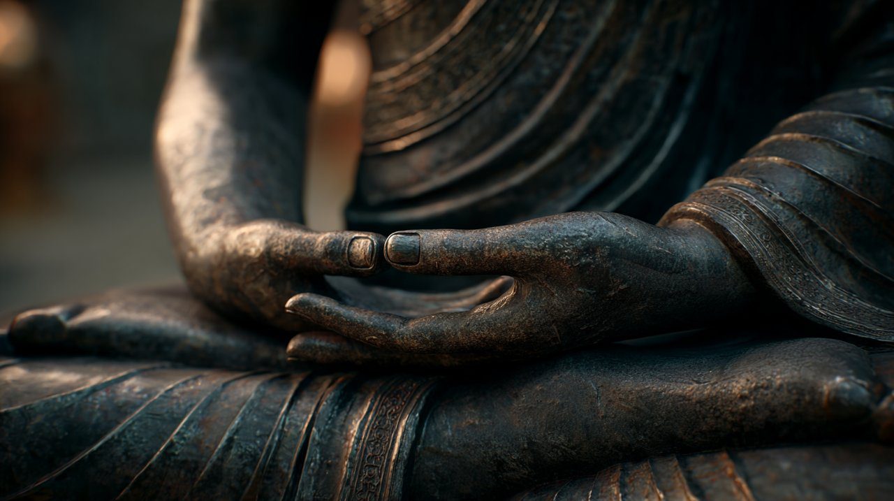 Close-up of a Buddha statue's hands in Dhyana Mudra