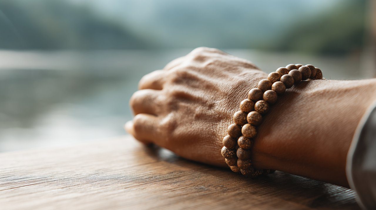 Una imagen serena de un brazalete de cuentas budistas en una muñeca, con un fondo suave.