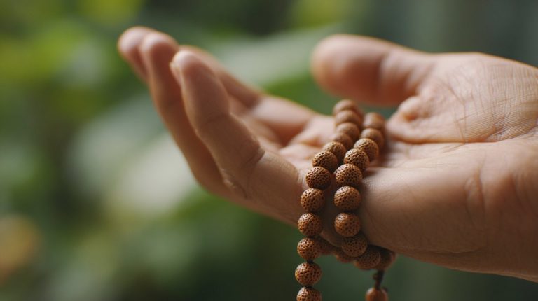 A hand gently touching a single Buddhist mala bead during meditation.