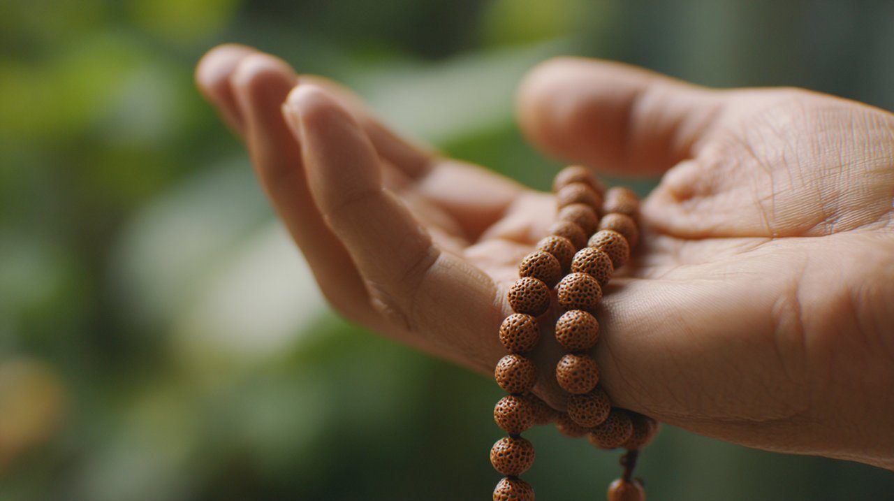 Una mano tocando suavemente una sola cuenta de mala budista durante la meditación.