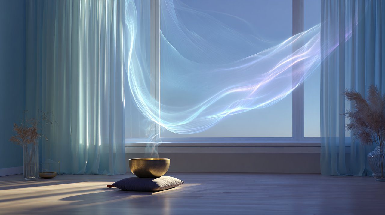 A tranquil room with sound waves from a singing bowl.