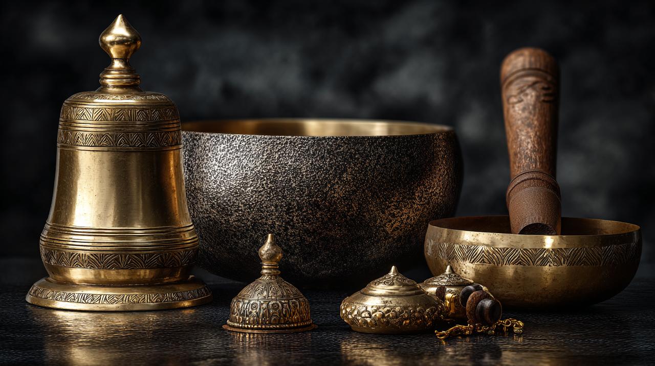 A serene composition of various Buddhist bells on an altar.