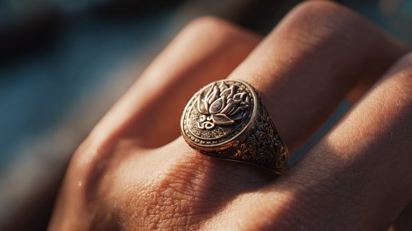 Eine Hand, die einen buddhistischen Ring mit spirituellen Symbolen trägt.