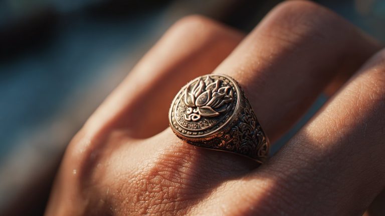 A hand wearing a Buddhist ring with spiritual symbols.