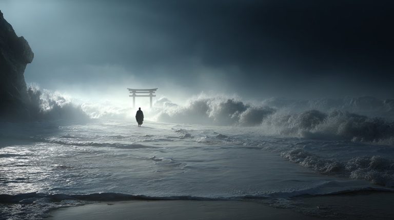 A visual metaphor for transcending suffering to reach enlightenment.