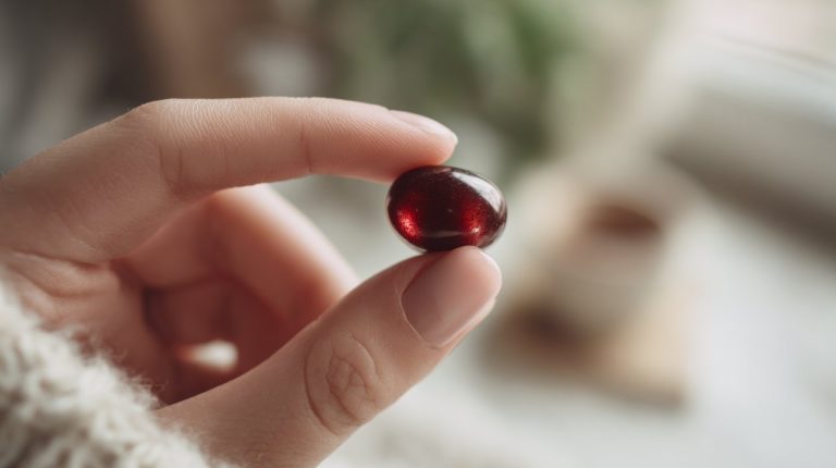 A hand holding a small polished garnet gemstone