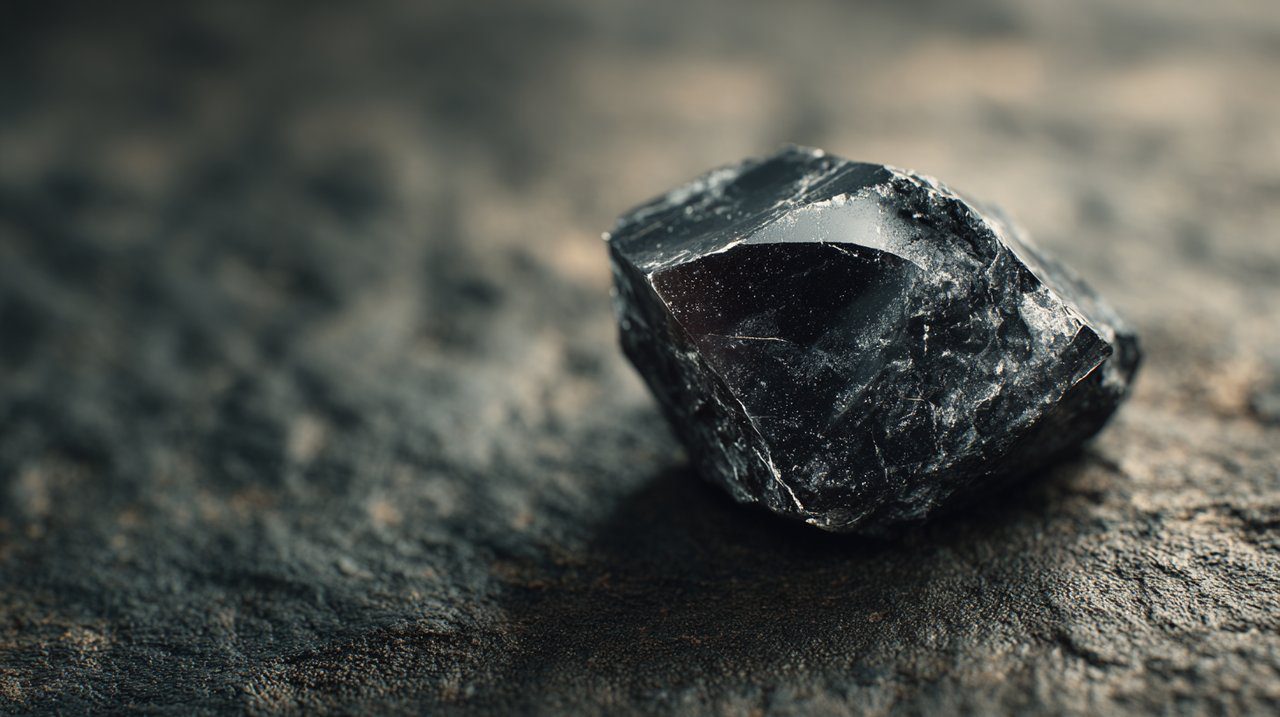 A small raw dark gemstone on an earthy surface
