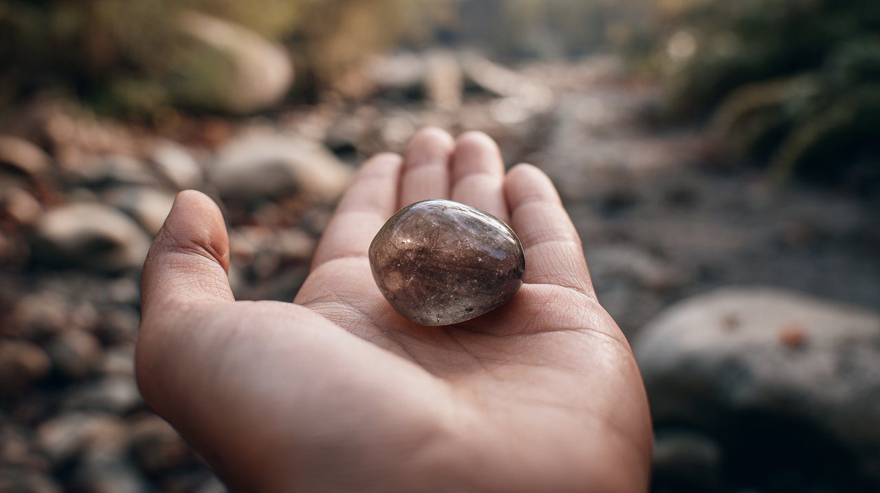 A hand holding a smoky quartz crystal