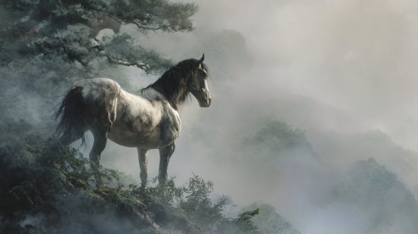 Pintura de caballos china simbólica en un entorno natural.