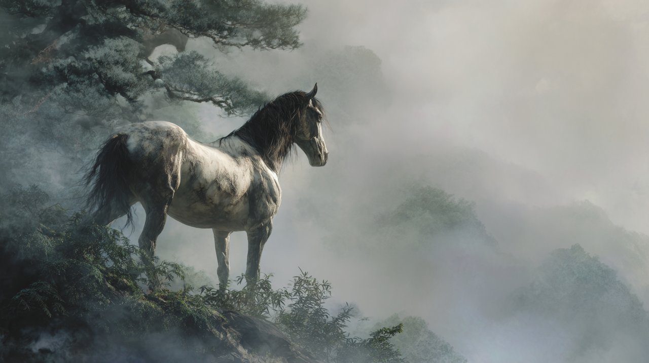 Symbolic Chinese horse painting in a natural setting.
