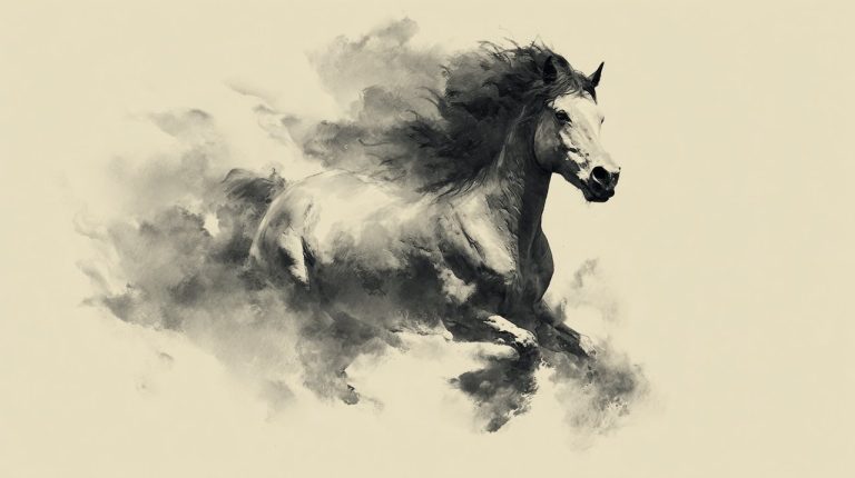 Traditional Chinese ink wash painting of a galloping horse.