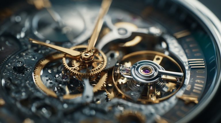 Close-up of an intricate Chinese tourbillon watch movement