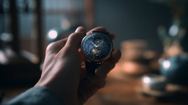 Una mano sosteniendo suavemente un reloj tourbillon chino en una pose contemplativa