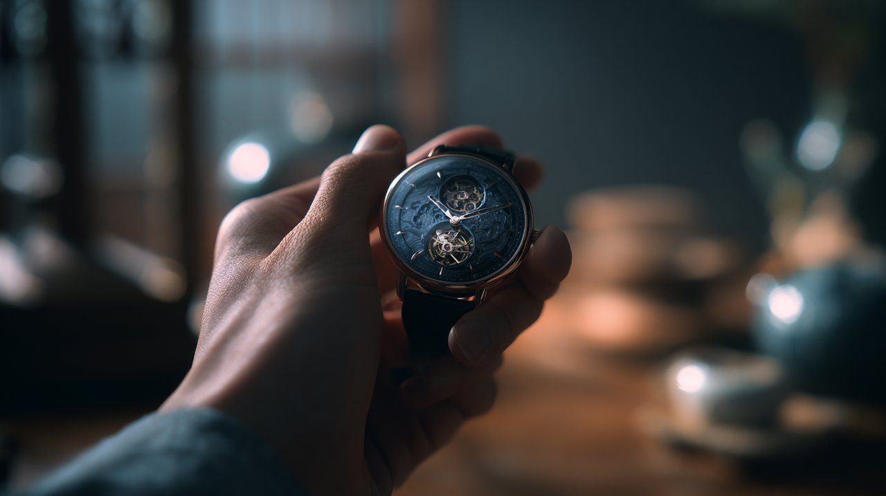 A hand gently holding a Chinese tourbillon watch in a contemplative pose