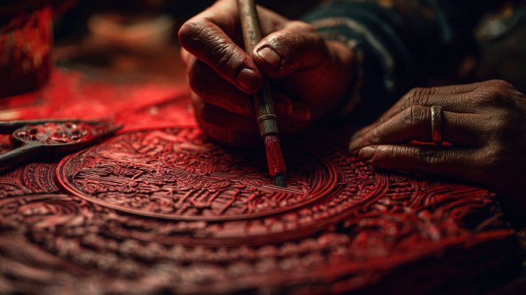 Artisan meticulously carving cinnabar jewelry