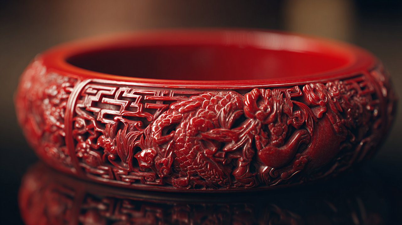 An exquisite cinnabar bracelet with intricate carvings