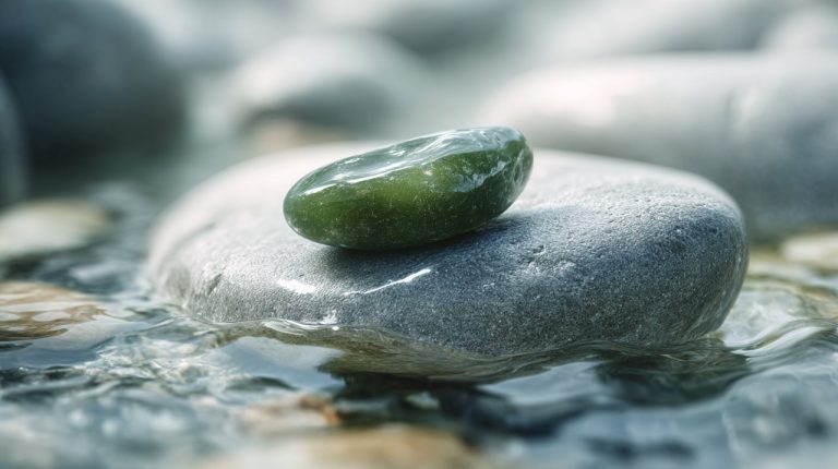 A small, naturally tumbled dark green jade stone on a smooth river stone